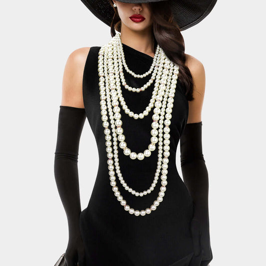 Cream Pearl Beaded Multi Layered Strand Long Necklace - M H W ACCESSORIES LLC