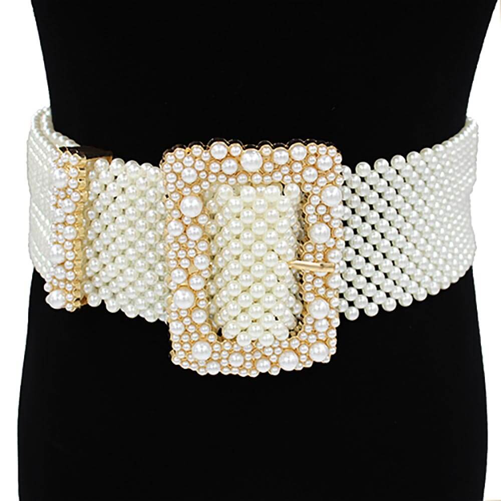 Cream Pearl Embellished Rectangle Buckle Accented Belt - M H W ACCESSORIES LLC