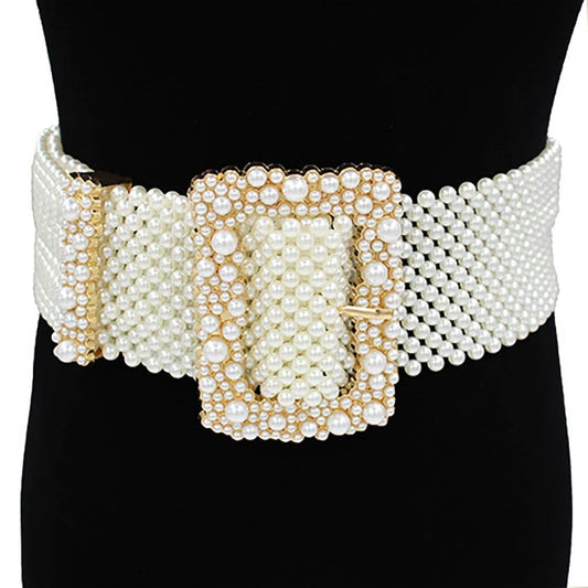 Cream Pearl Embellished Rectangle Buckle Accented Belt - M H W ACCESSORIES LLC
