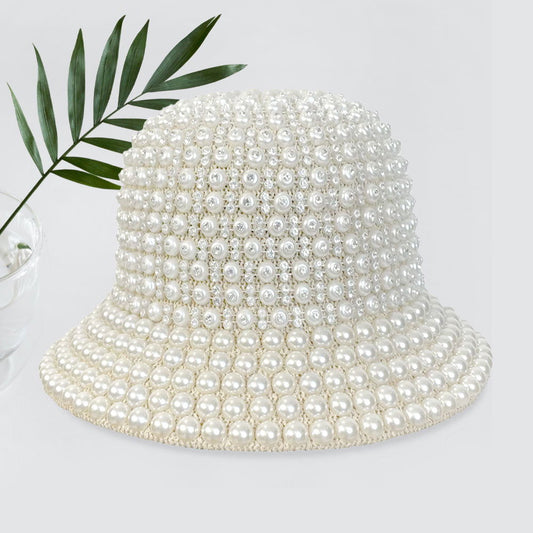 Cream Pearl Rhinestone Embellished Straw Bucket Hat - M H W ACCESSORIES LLC