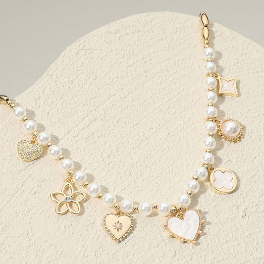 Cream Quatrefoil Clover Charm Pearl Metal Ball Beaded Necklace - M H W ACCESSORIES LLC
