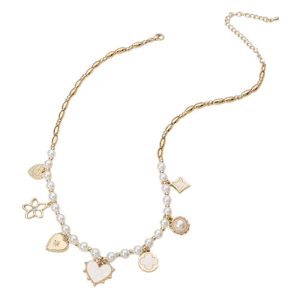 Cream Quatrefoil Clover Charm Pearl Metal Ball Beaded Necklace - M H W ACCESSORIES LLC