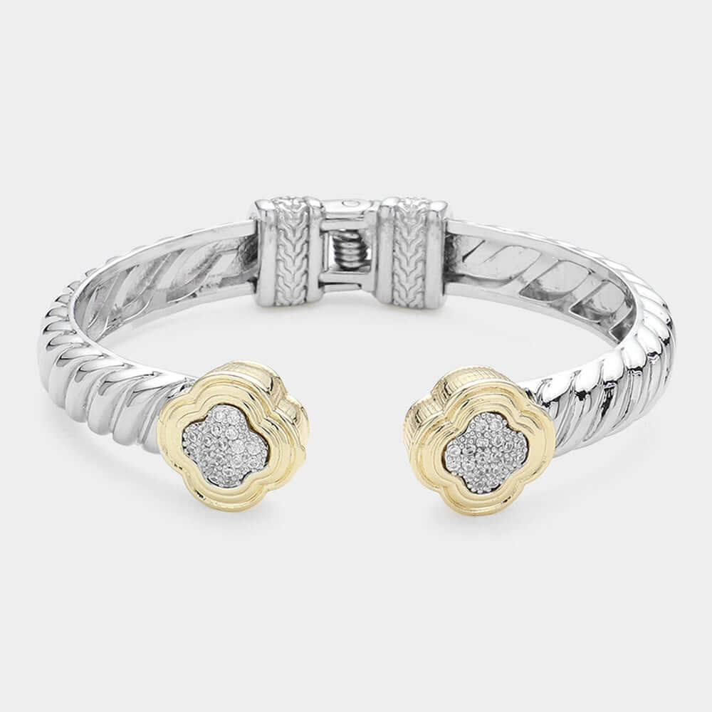 Cubic Zirconia Quatrefoil Tip Hinged Cuff Bracelet - M H W ACCESSORIES LLC