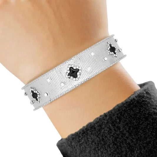Cuff Silver Black Quatrefoil Rhinestone Bangle-M H W ACCESSORIES - M H W ACCESSORIES LLC