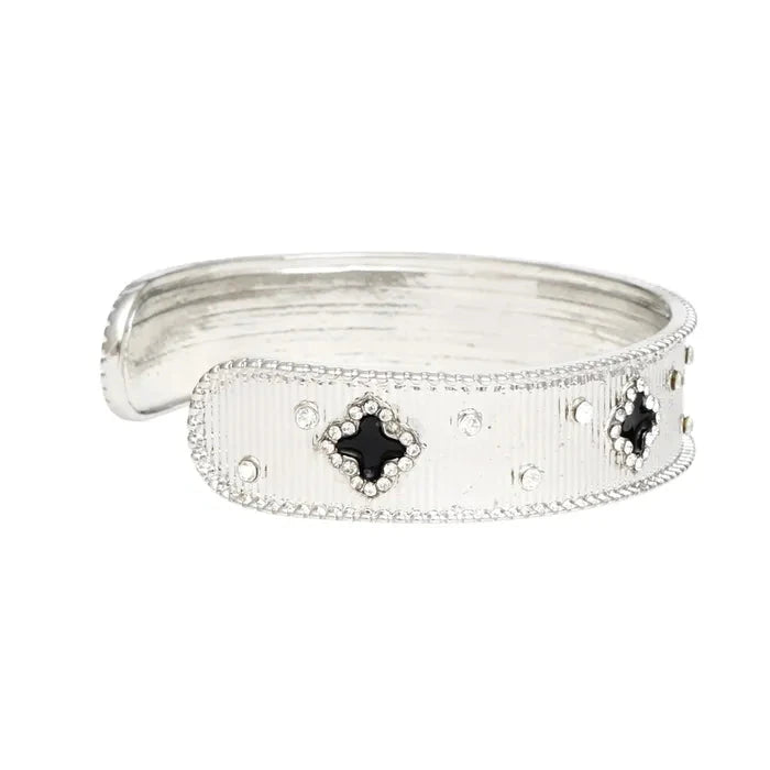 Cuff Silver Black Quatrefoil Rhinestone Bangle-M H W ACCESSORIES - M H W ACCESSORIES LLC