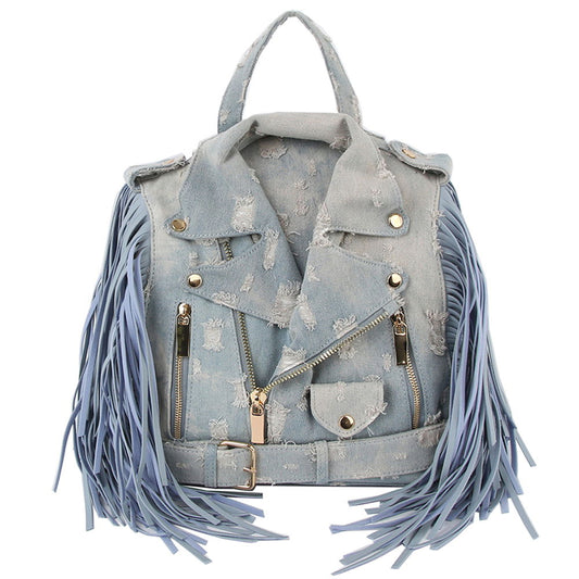 DENIM  DISTRESSED MOTORCYCLE JACKET TASSEL BACKPACK - M H W ACCESSORIES LLC