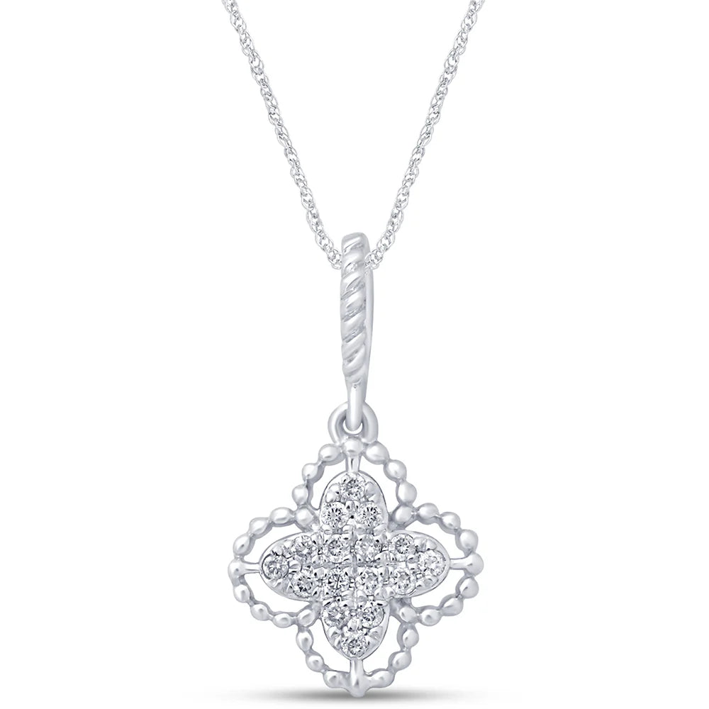.09cts 14kt White Gold Round Diamond Quatrefoil Pendant Necklace 18" Long - M H W ACCESSORIES LLC