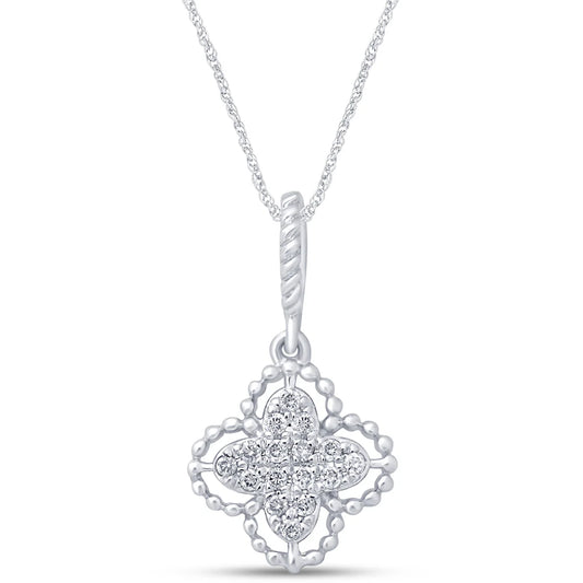 .09cts 14kt White Gold Round Diamond Quatrefoil Pendant Necklace 18" Long - M H W ACCESSORIES LLC