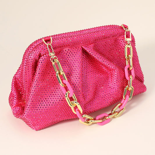 Pink & Gold Bling Studded Chunky Chain Strap Evening Clutch Bag / Crossbody Bag