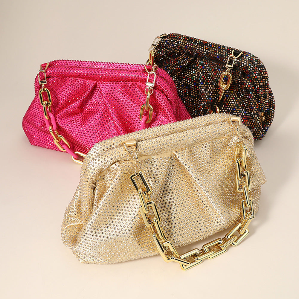 Pink & Gold Bling Studded Chunky Chain Strap Evening Clutch Bag / Crossbody Bag