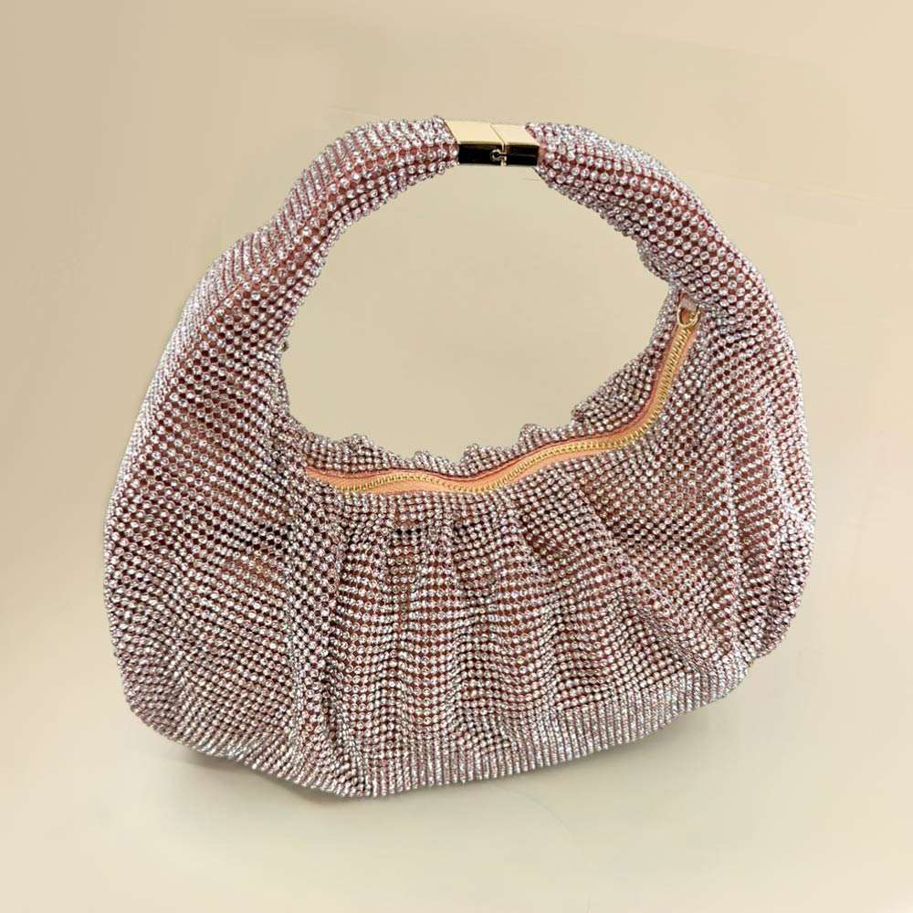 Rose Gold Rhinestone Bling Studded Slouch Hobo Evening Crossbody Bag M H W ACCESSORIES LLC Rose Gold Rhinestone Bling Studded Slouch Hobo Evening Crossbody Bag