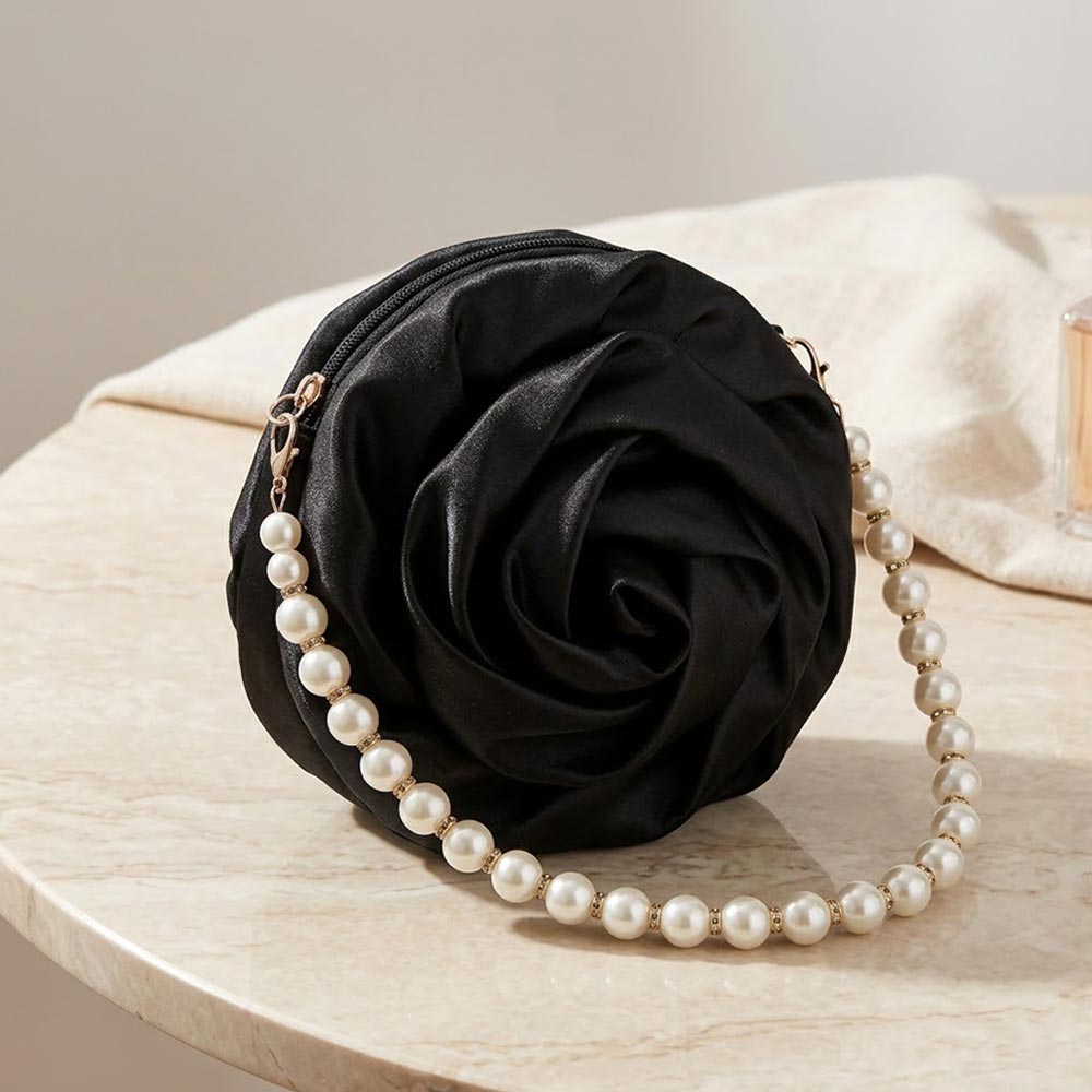 Satin Black Fabric Rose Shape Pearl Strap Evening Bag M H W ACCESSORIES LLC Satin Black Fabric Rose Shape Pearl Strap Evening Bag