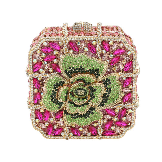 Pink & Green Crystal Rhinestone Embellished Flower Square Evening Clutch / Shoulder Bag