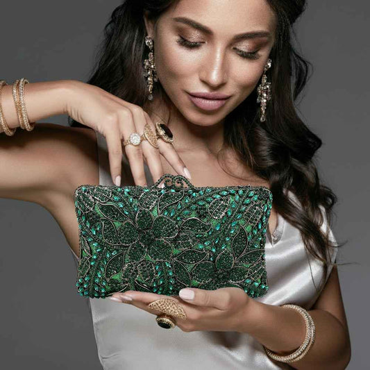 Green Crystal Rhinestone Embellished Floral Frame Evening Clutch Shoulder Bag