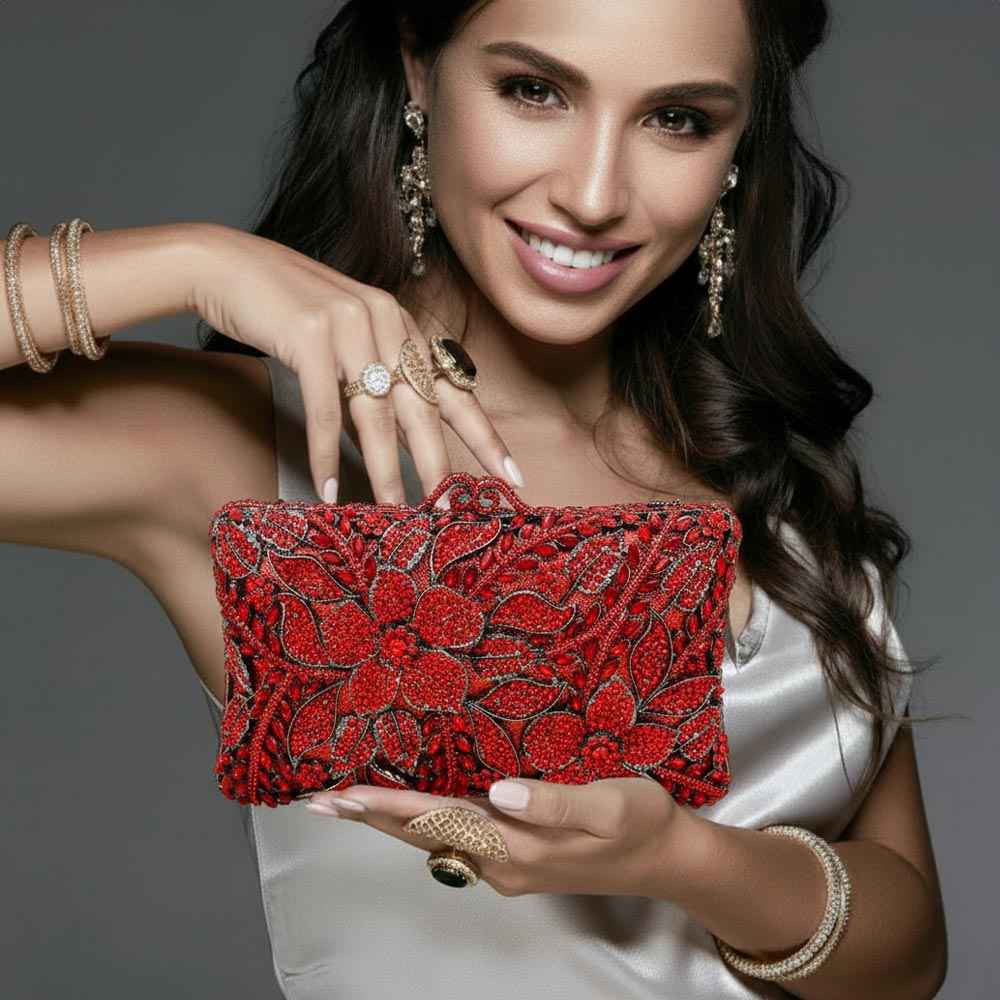 Crystal Rhinestone Embellished Floral Frame Evening Clutch Shoulder Bag