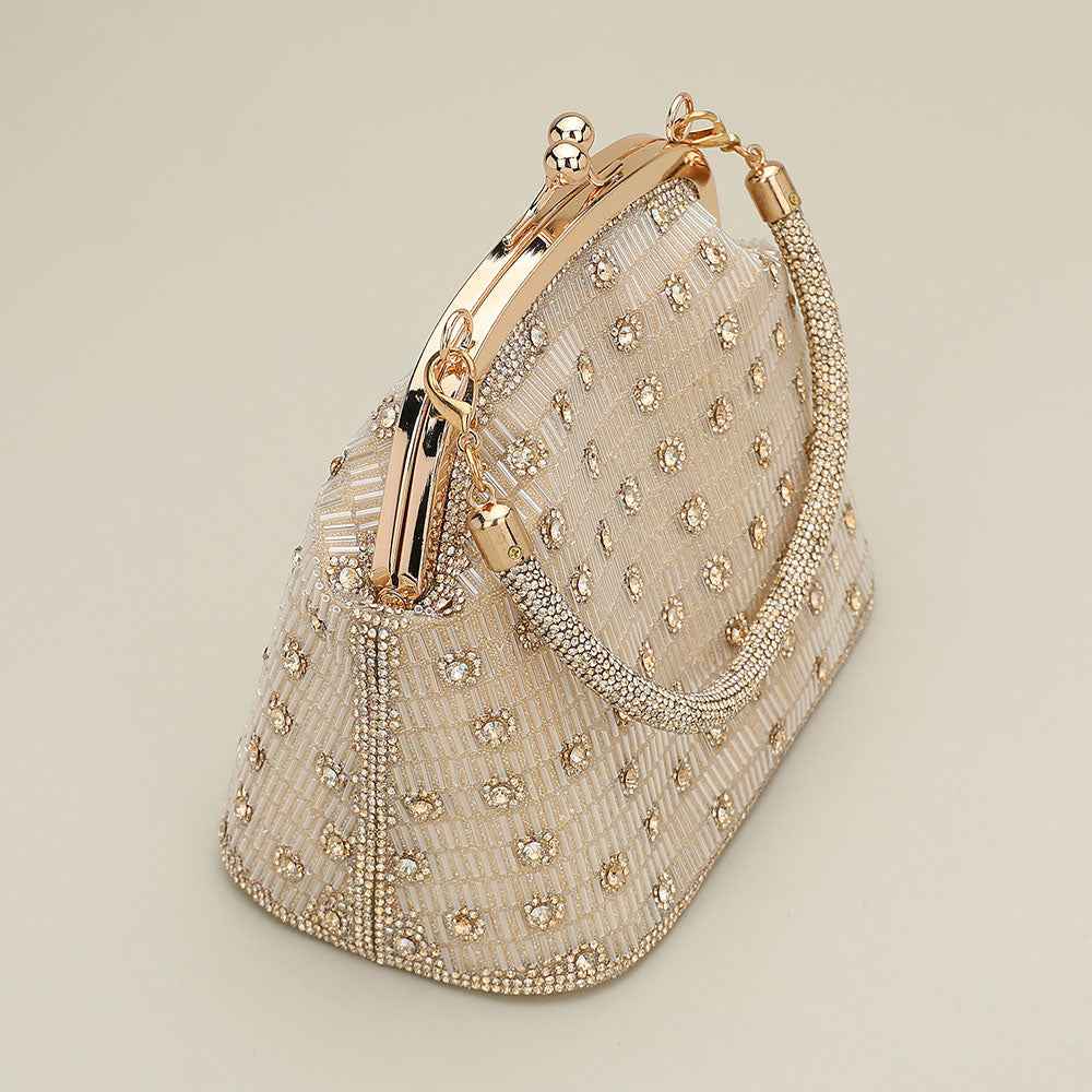 Gold Elegant Rhinestone Embellished Top Handle Evening Crossbody Bag