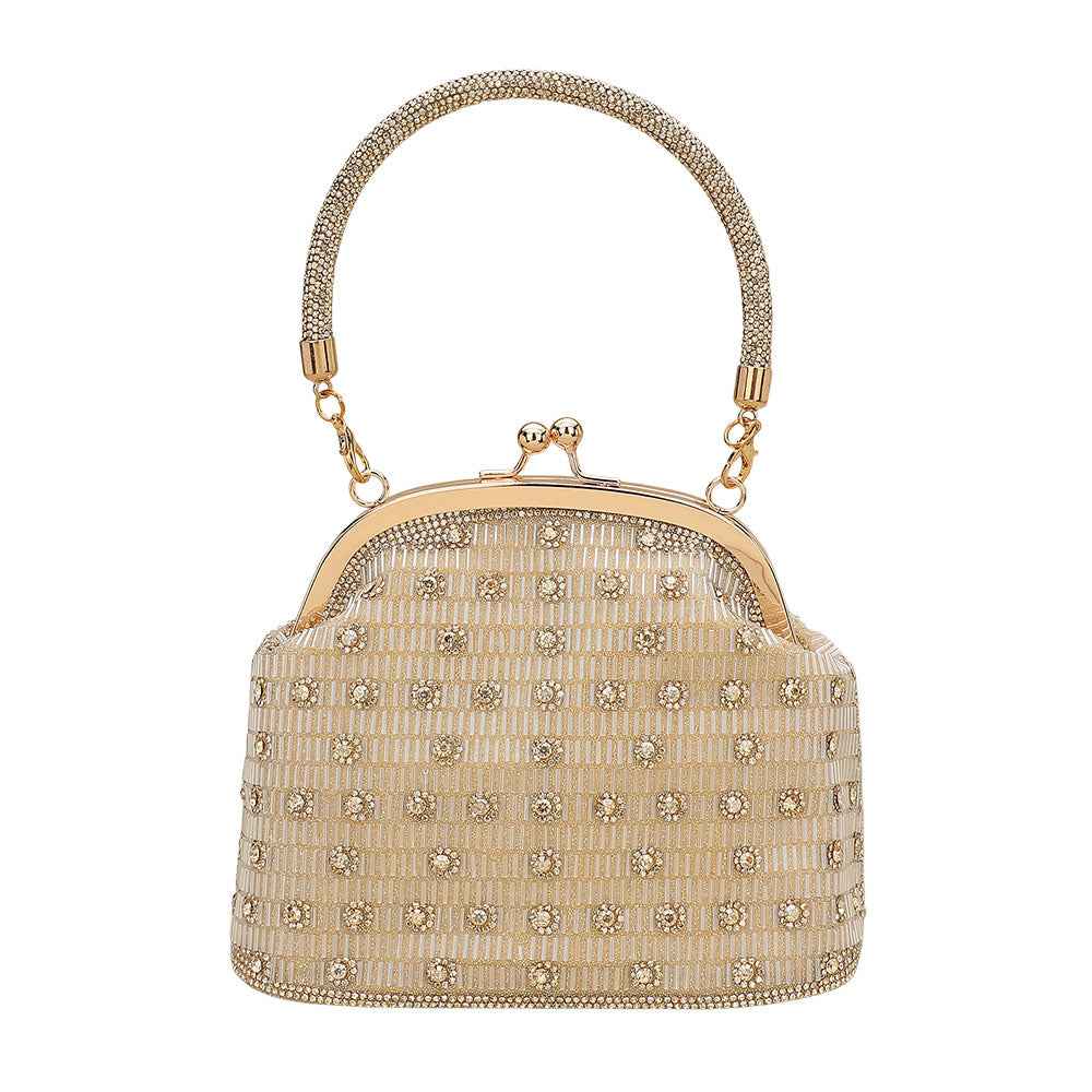 Gold Elegant Rhinestone Embellished Top Handle Evening Crossbody Bag