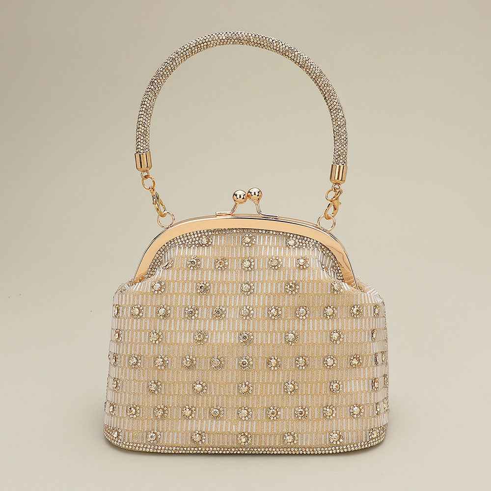 Gold Elegant Rhinestone Embellished Top Handle Evening Crossbody Bag