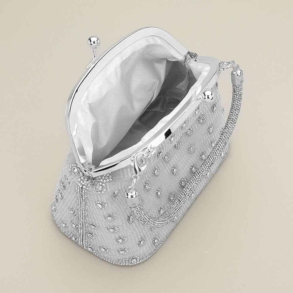Silver Elegant Rhinestone Embellished Top Handle Evening Crossbody Bag