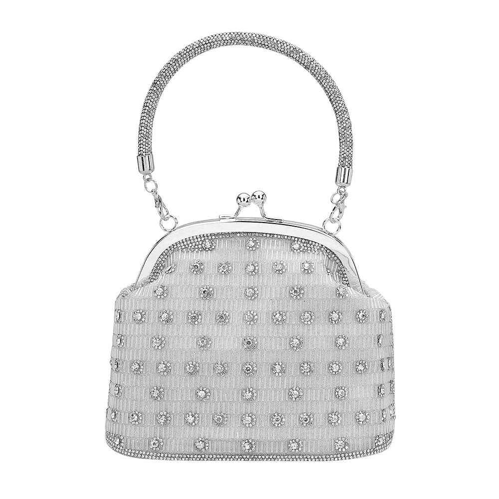Silver Elegant Rhinestone Embellished Top Handle Evening Crossbody Bag