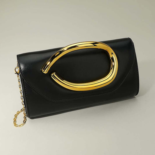 Evening Black Bold Hardware Accent Snake Pattern Faux Leather Evening  / Crossbody Bag