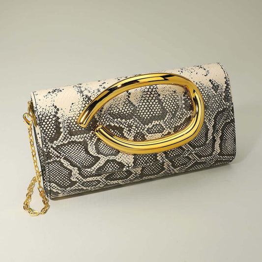 Evening Bold Hardware Accent Snake Pattern Faux Leather Evening  / Crossbody Bag