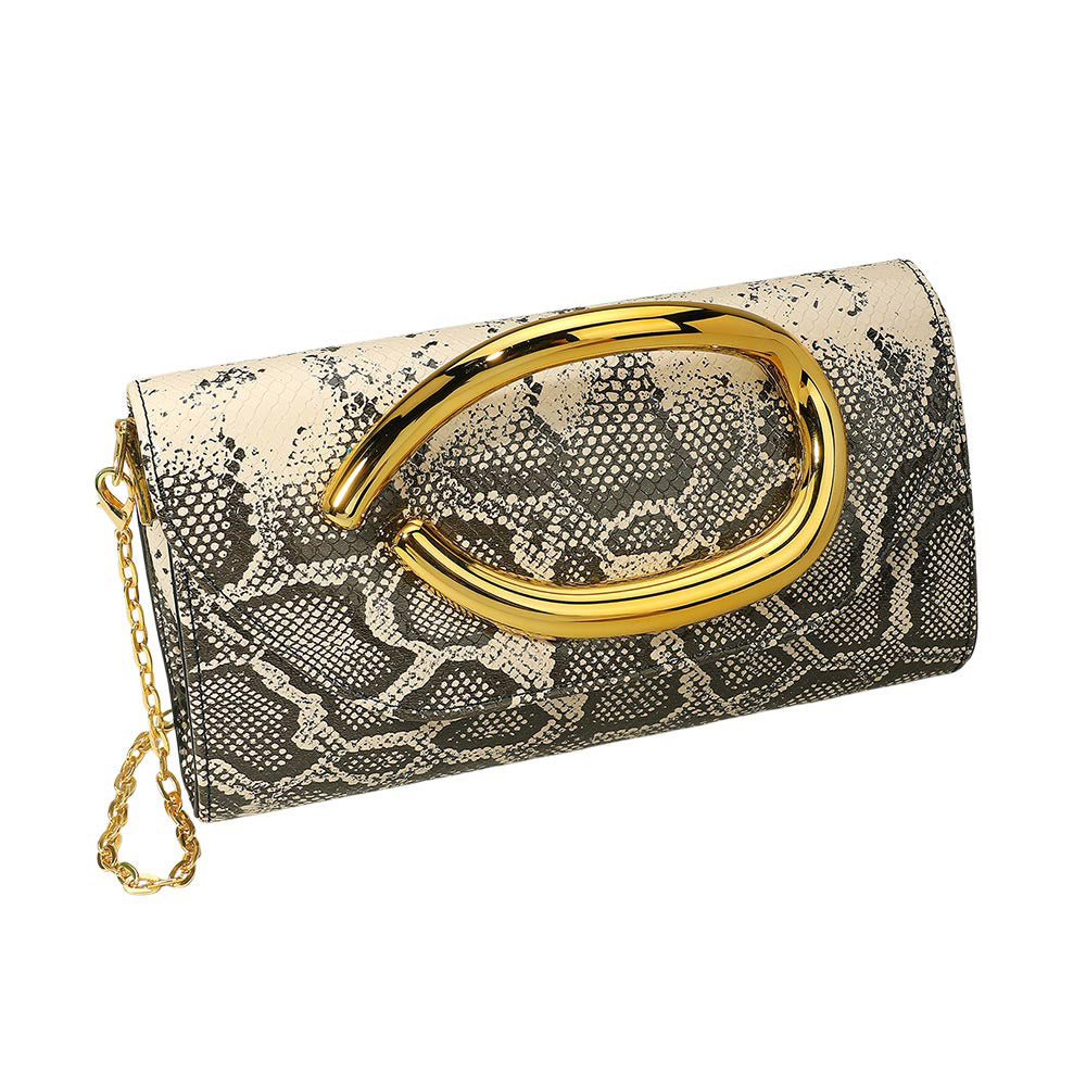 Evening Bold Hardware Accent Snake Pattern Faux Leather Evening  / Crossbody Bag