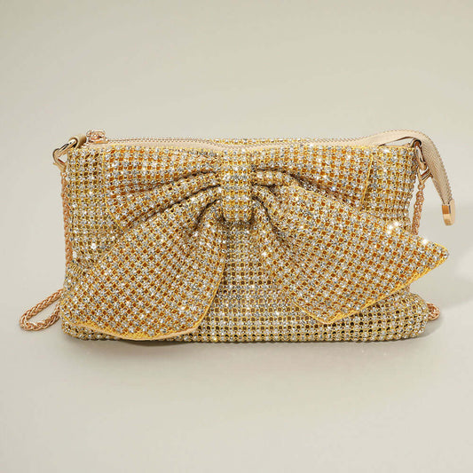Mesh Bling Rhinestone Bow Gold Evening Clutch Bag / Crossbody Bag