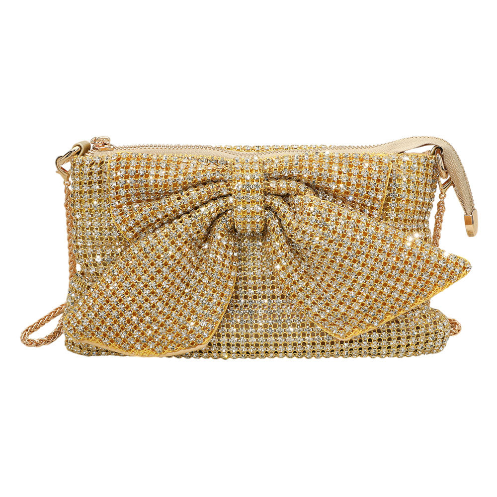 Mesh Bling Rhinestone Bow Gold Evening Clutch Bag / Crossbody Bag
