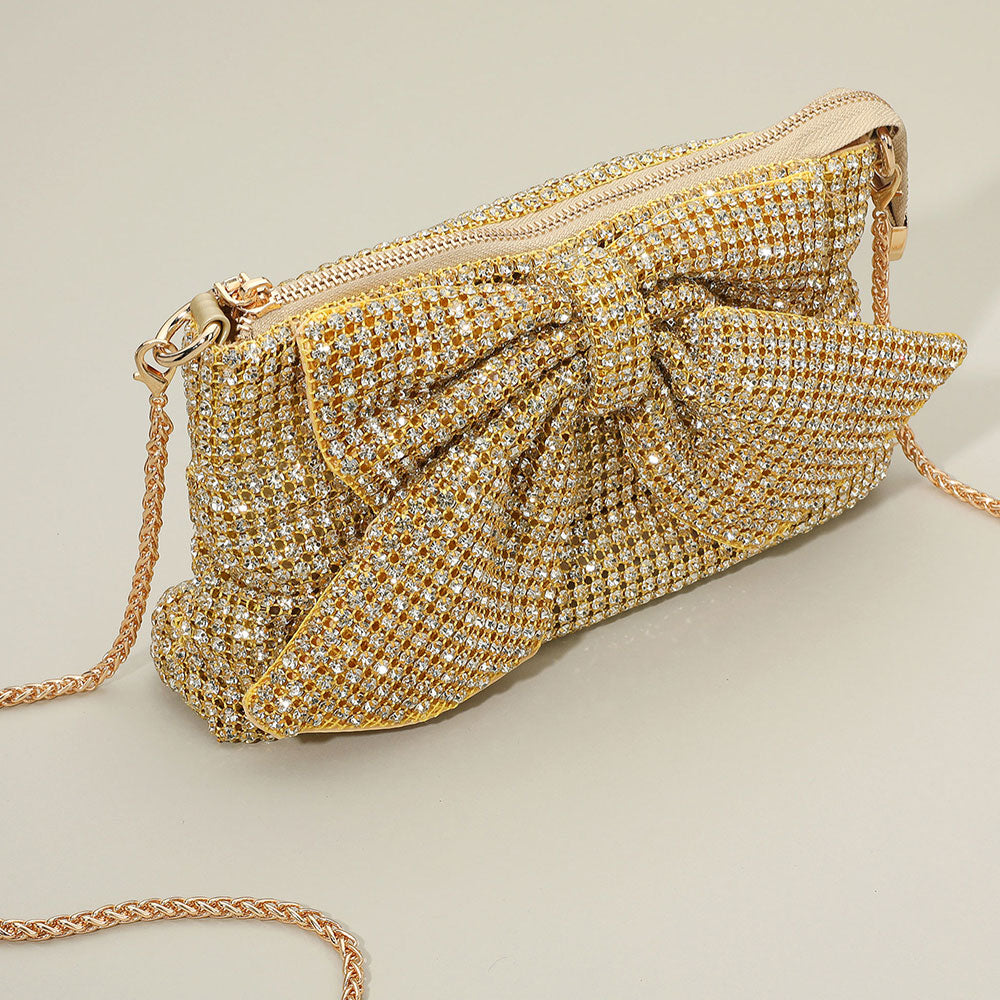 Mesh Bling Rhinestone Bow Gold Evening Clutch Bag / Crossbody Bag