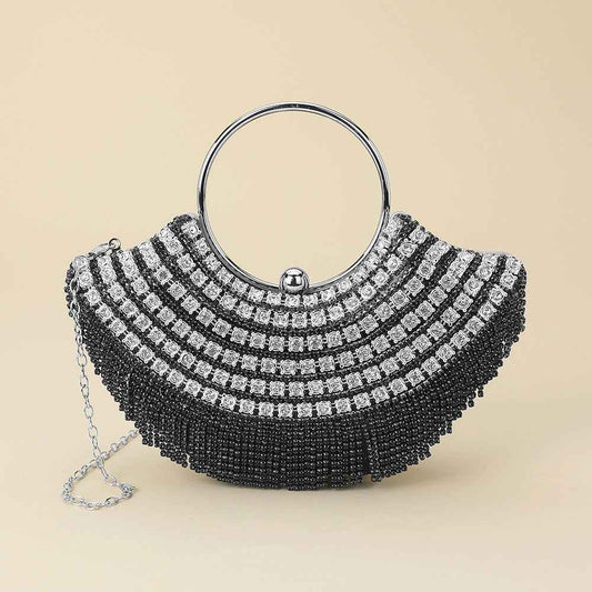 Black Crystal Rhinestone Fringe Embellished Round Handle Crossbody Evening Bag
