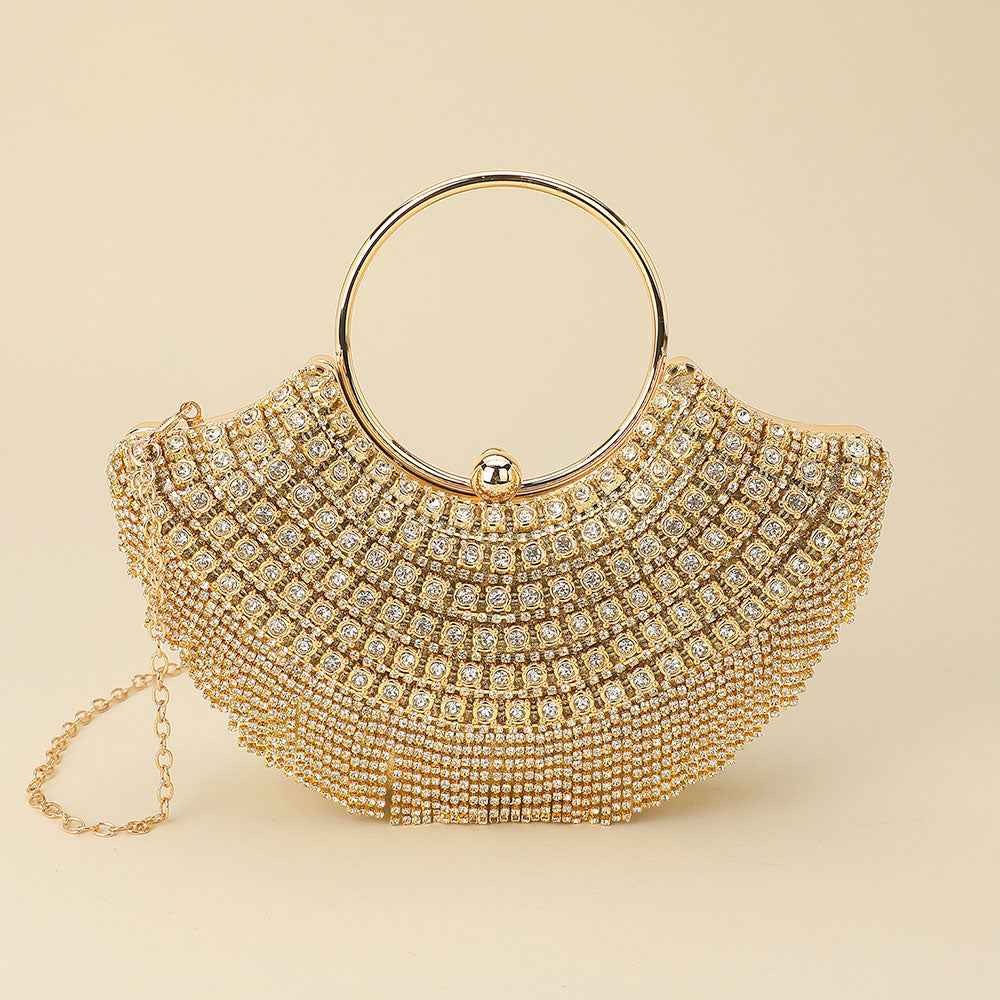 Gold Crystal Rhinestone Fringe Embellished Round Handle Crossbody Evening Bag