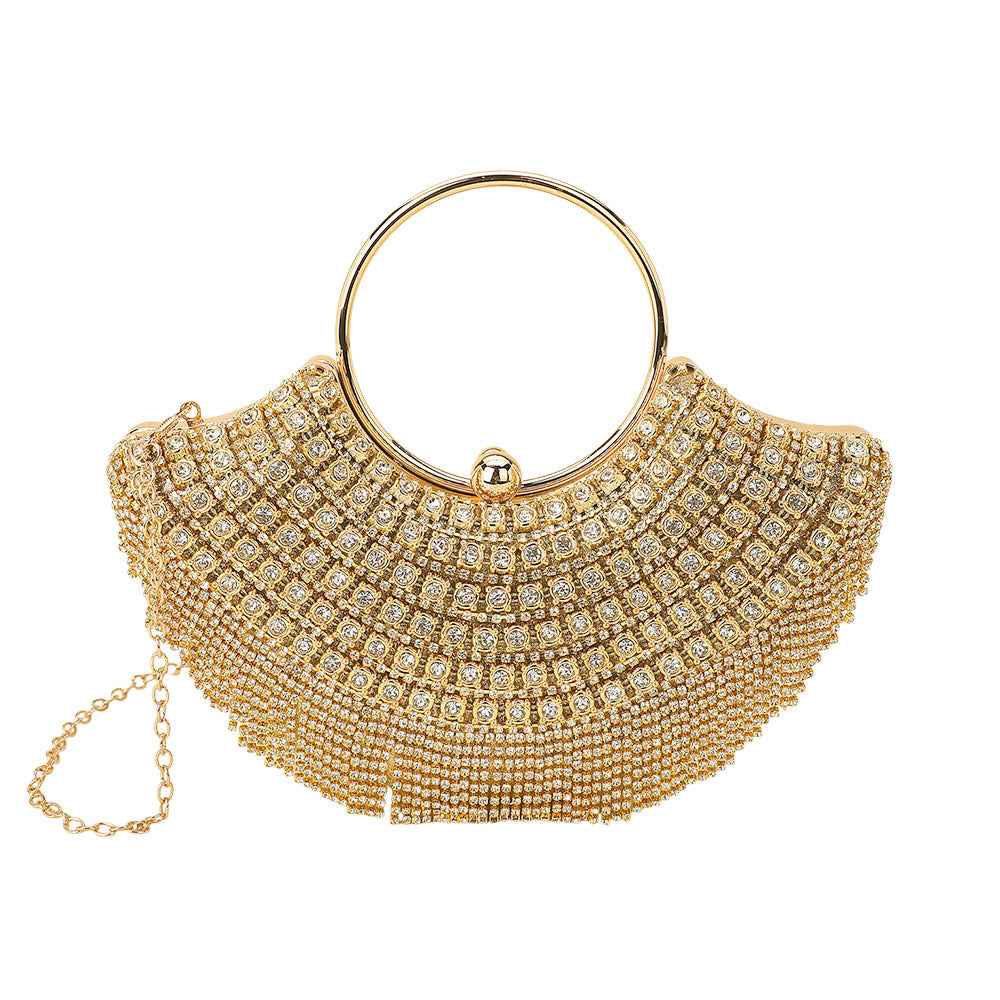 Gold Crystal Rhinestone Fringe Embellished Round Handle Crossbody Evening Bag
