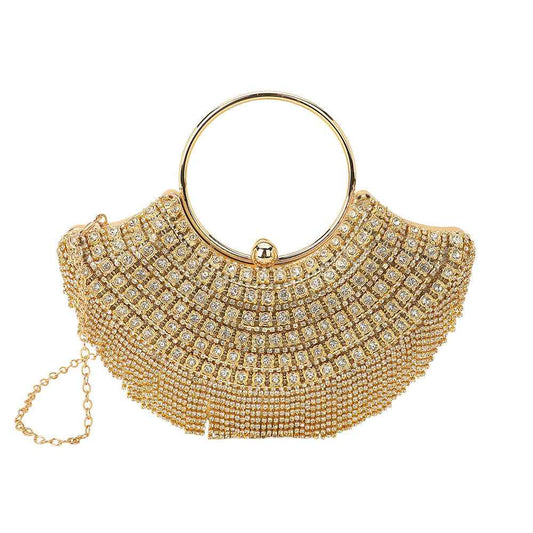 Gold Crystal Rhinestone Fringe Embellished Round Handle Crossbody Evening Bag