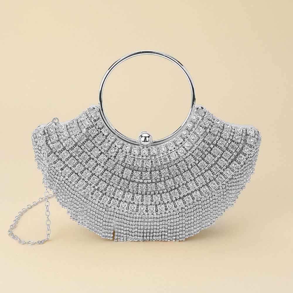 Silver Crystal Rhinestone Fringe Embellished Round Handle Crossbody Evening Bag