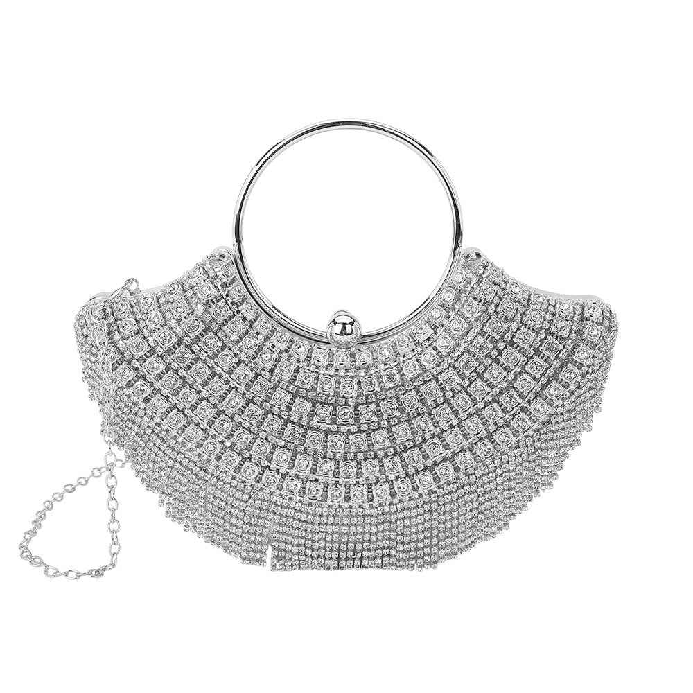 Silver Crystal Rhinestone Fringe Embellished Round Handle Crossbody Evening Bag