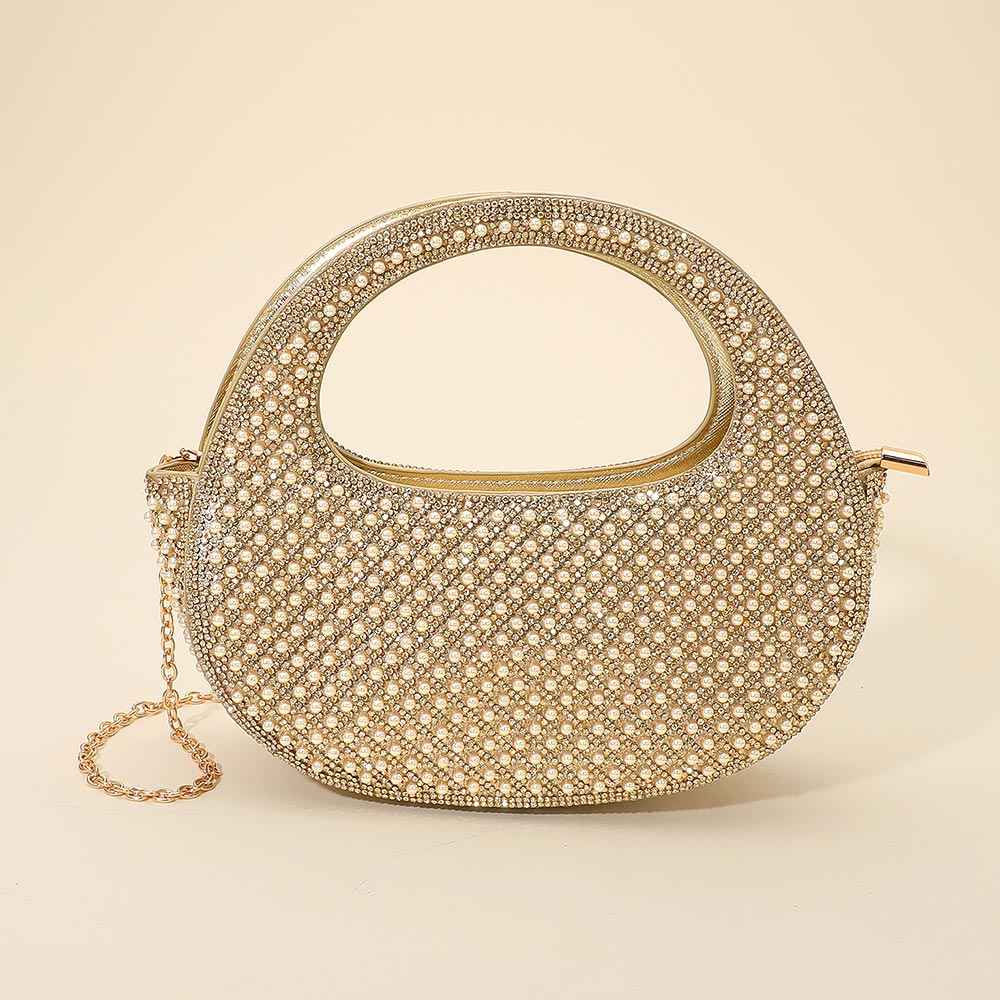 Gold Elegant Rhinestone Embellished Top Handle Evening Crossbody Bag