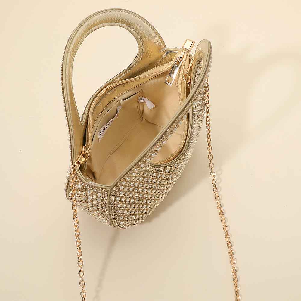 Gold Elegant Rhinestone Embellished Top Handle Evening Crossbody Bag