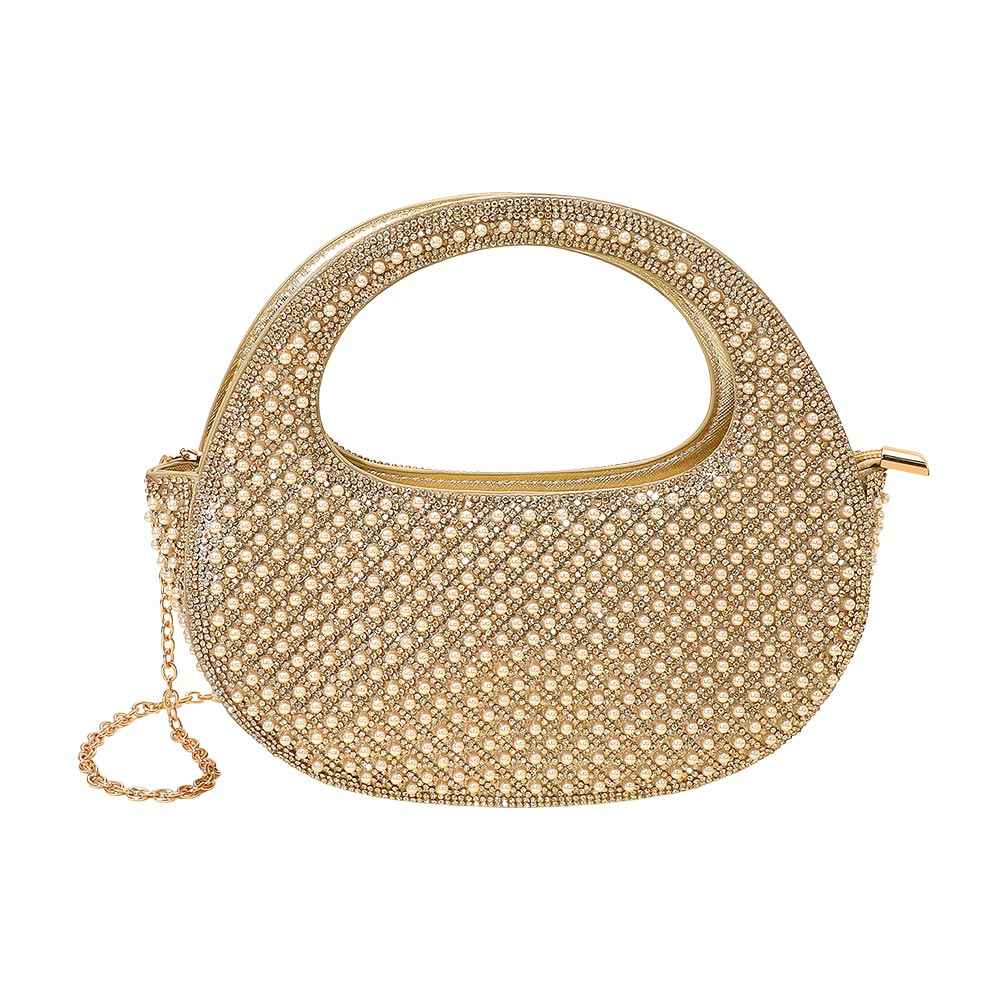 Gold Elegant Rhinestone Embellished Top Handle Evening Crossbody Bag