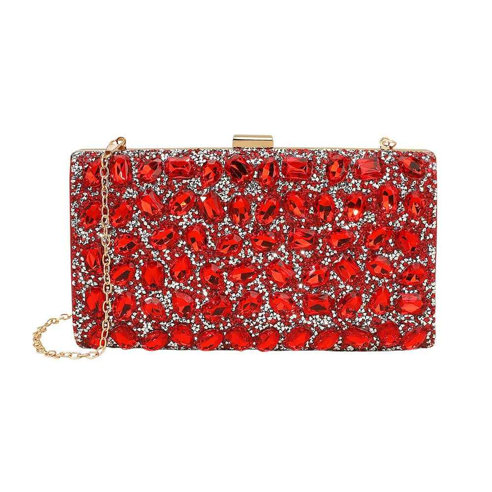 Red Faceted Stone Embellished Evening Clutch Bag