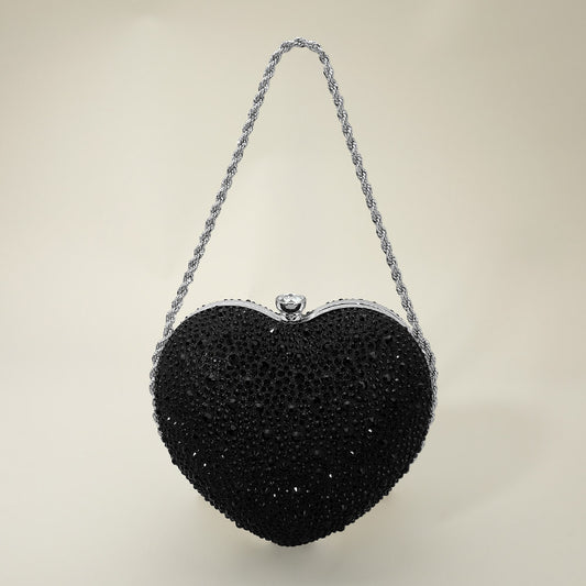 Rhinestone Studded Black Heart Shaped Evening Clutch Crossbody Bag