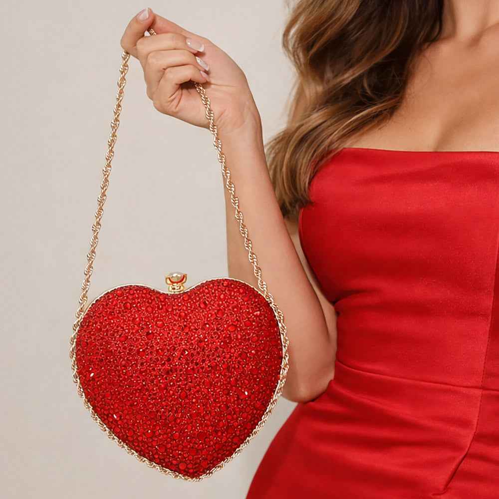 Rhinestone Studded Red Heart Shaped Evening Clutch Crossbody Bag