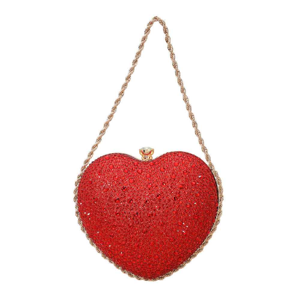 Rhinestone Studded Red Heart Shaped Evening Clutch Crossbody Bag