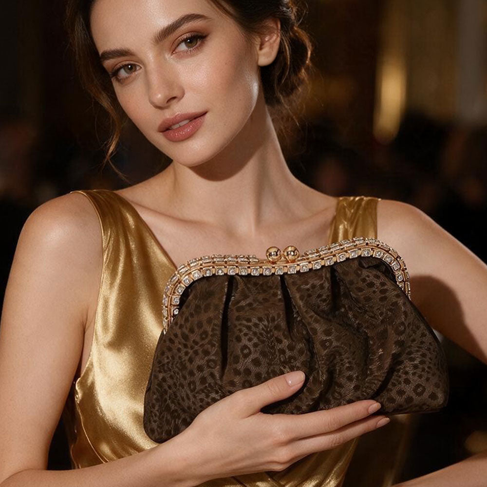 Dark Brown Rhinestone Bead Frame Leopard Print Crossbody Evening Clutch Bag M H W ACCESSORIES LLC Dark Brown Rhinestone Bead Frame Leopard Print Crossbody Evening Clutch Bag