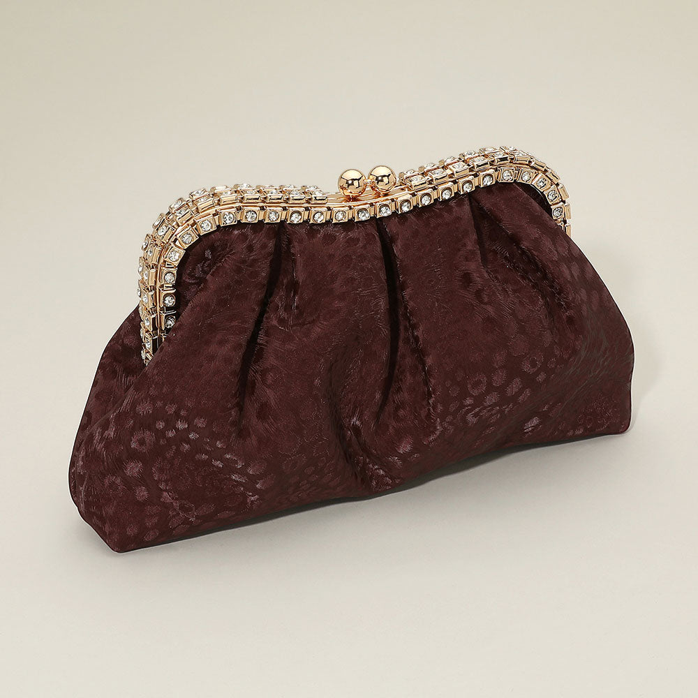 Brown Rhinestone Bead Frame Leopard Print Crossbody Evening Clutch Bag M H W ACCESSORIES LLC Brown Rhinestone Bead Frame Leopard Print Crossbody Evening Clutch Bag