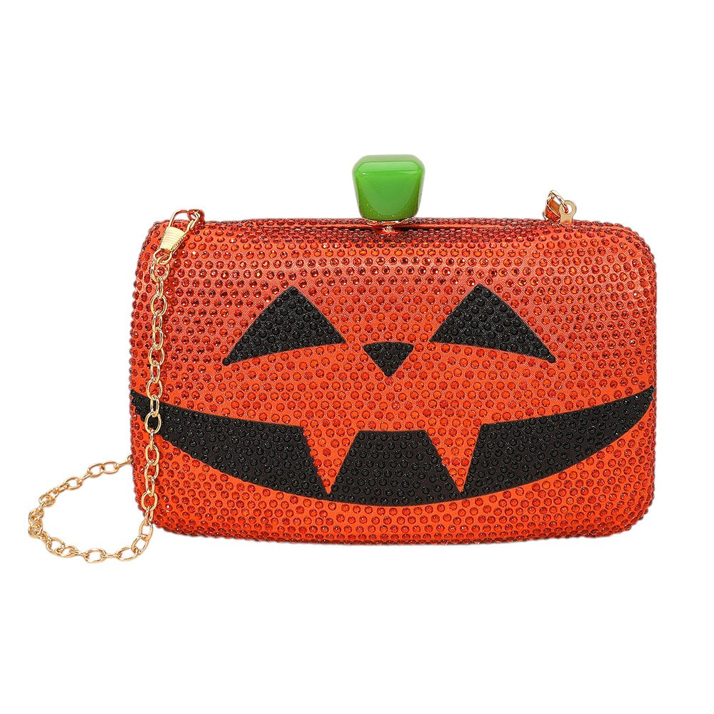 Bling Halloween Pumpkin Face Evening Clutch / Crossbody Bag for Women M H W ACCESSORIES LLC Bling Halloween Pumpkin Face Evening Clutch / Crossbody Bag for Women