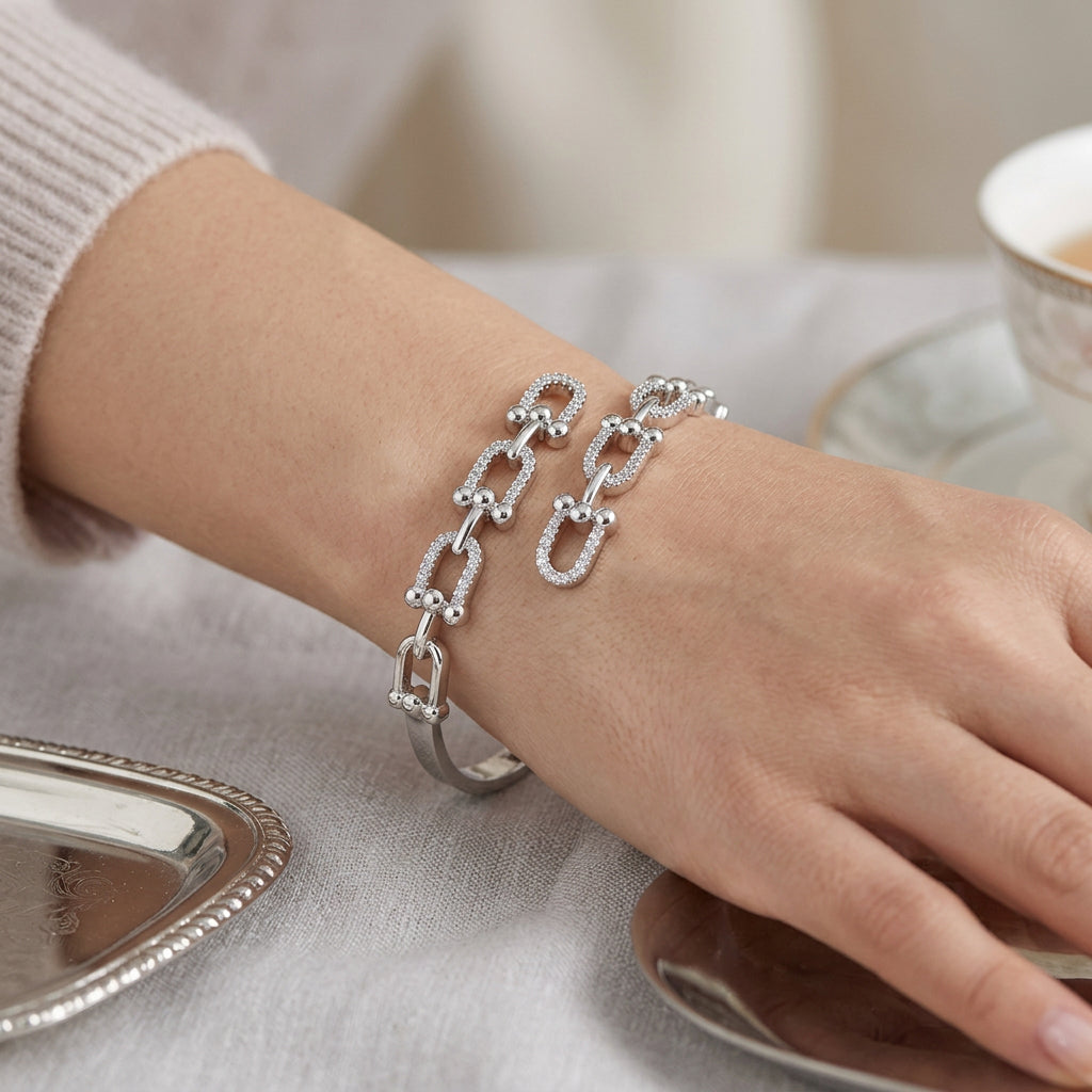 CZ Pavé Oval Link Double-Row Hinged Bangle Bracelet M H W ACCESSORIES LLC CZ Pavé Oval Link Double-Row Hinged Bangle Bracelet
