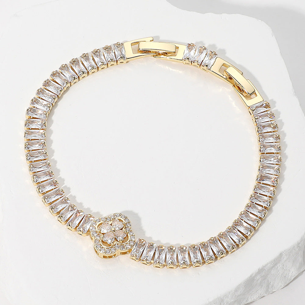 Paved Quatrefoil Pointed Gold Baguette Cluster Tennis Chain Bracelet