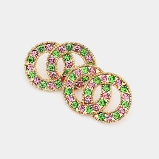 Gold Pink & Green Crystal Embellished Double Open Circle Link Evening Earrings - M H W ACCESSORIES LLC