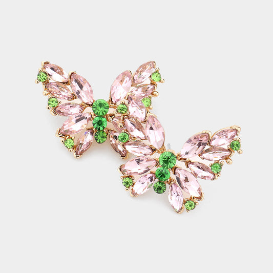 Pink and Green Round Marquise Stone Cluster Butterfly Evening Earrings - M H W ACCESSORIES LLC